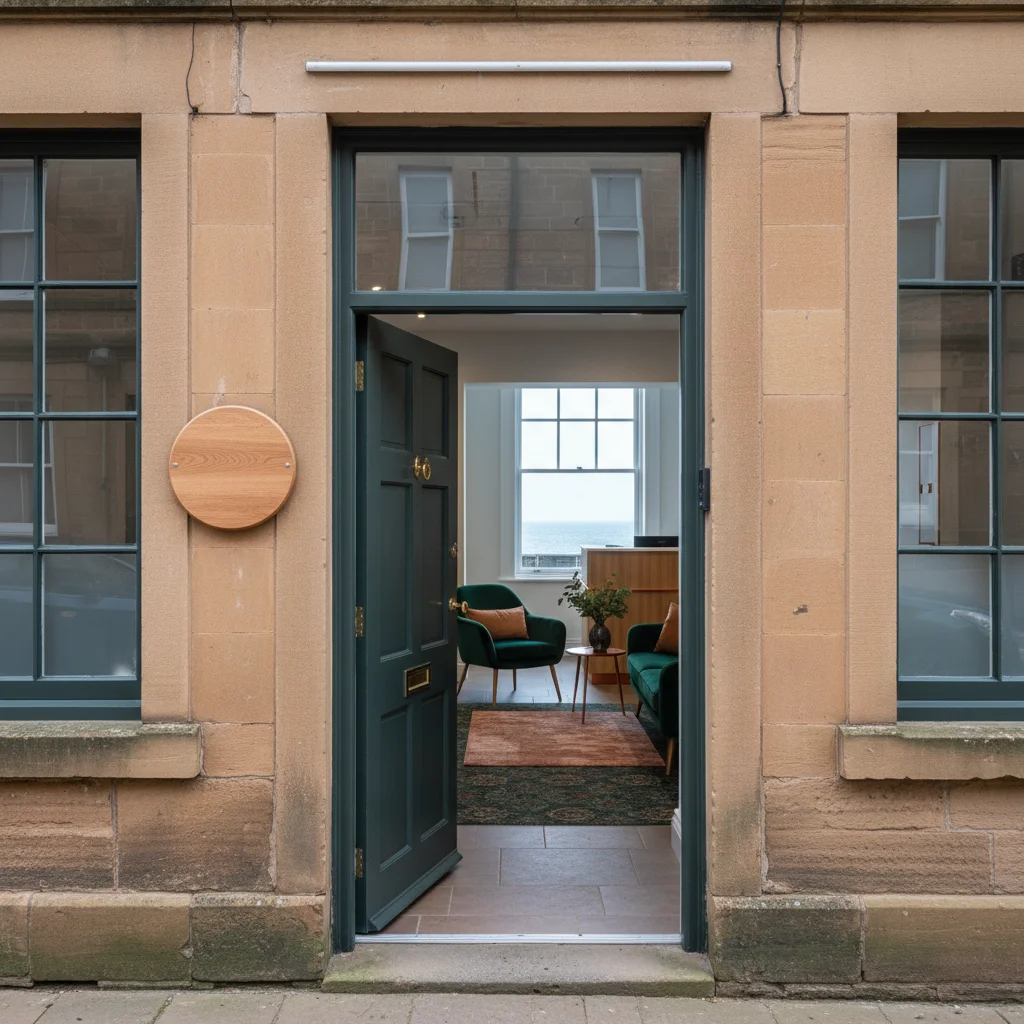 Guisborough stone building entrance with green dental-practice styling