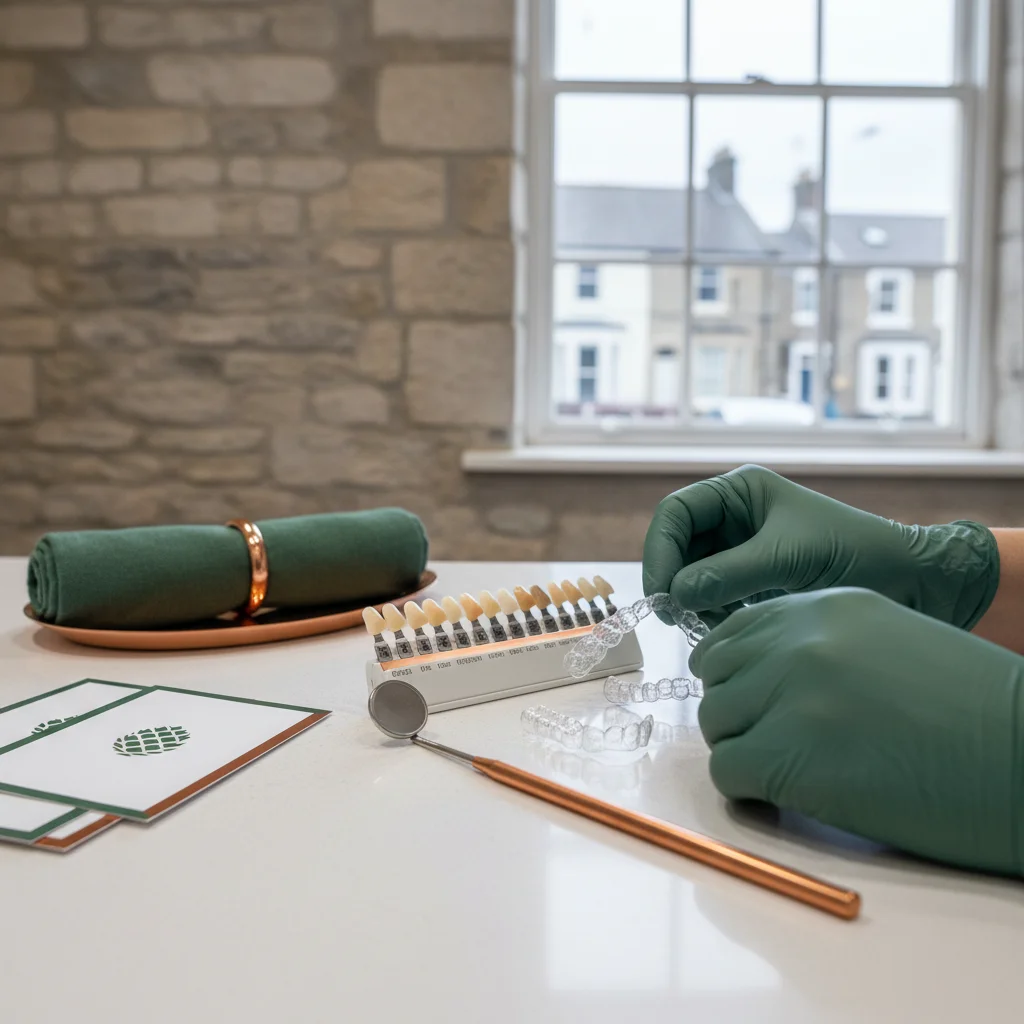 Dental aligner and shade guide with Roseberry green and copper treatment details
