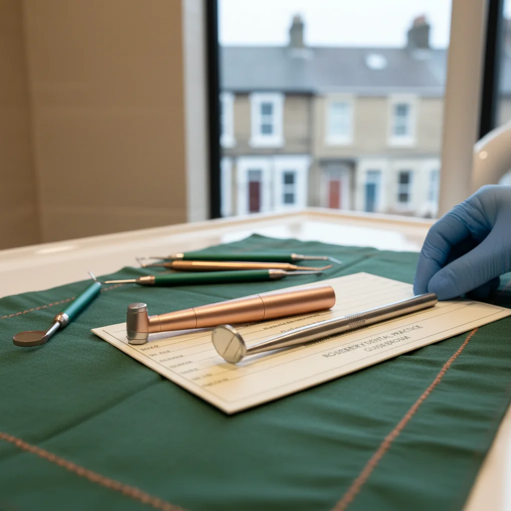 Dental instruments and treatment card in Roseberry green and copper styling